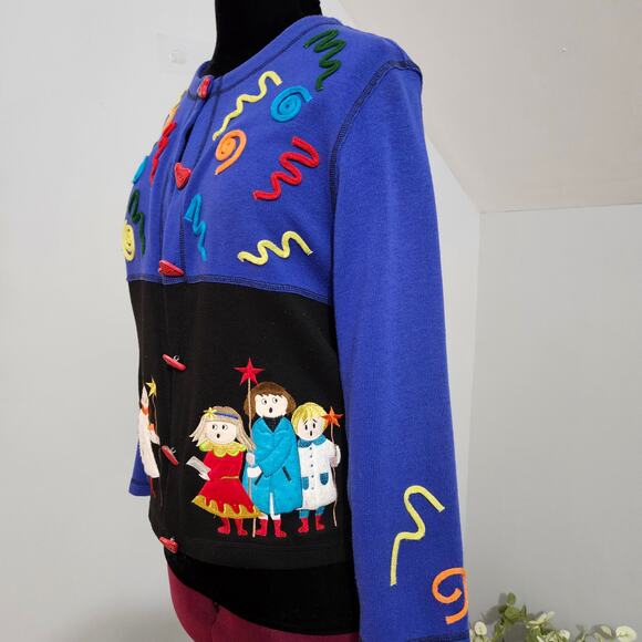 Sport Elle Ugly Christmas Sweater Blue Embroidered Caroling Noel Cardigan M - Picture 4 of 11